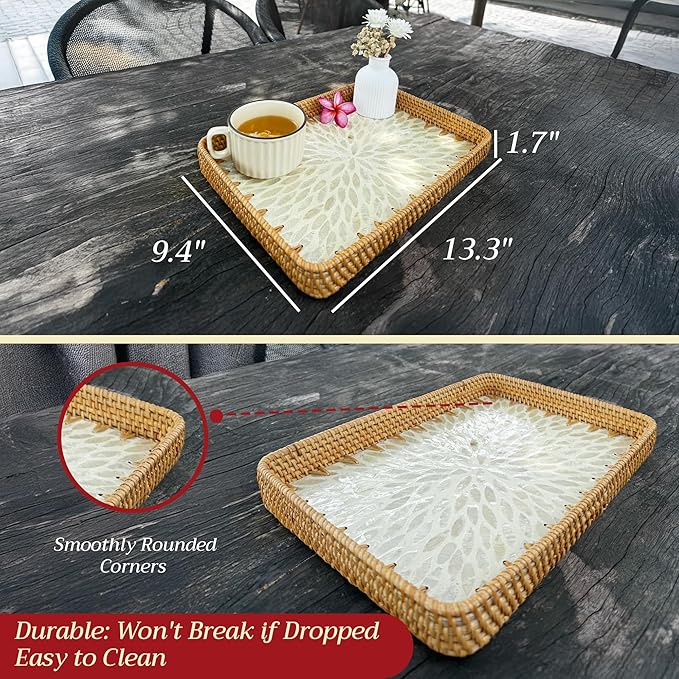 Rattan Tray Rectangle with Mother of Pearl – Unique Decorative Rattan Serving Tray for Food, Bread, Fruits, Snacks & Organizing Bathroom, Coffee Table – Christmas & Housewarming Gift (White 13.3"x9.4)