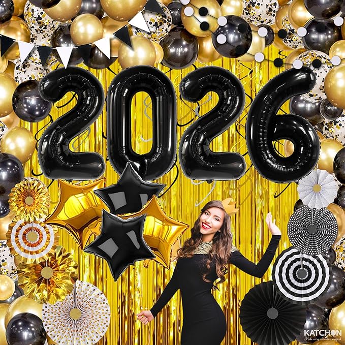 KatchOn, Happy New Years Decorations 2026 Black and Gold Set - Big Pack of 115 | Happy New Year Balloon Arch Kit | Black 2026 Balloons, Fringe Backdrop | New Years Eve Party Supplies 2026