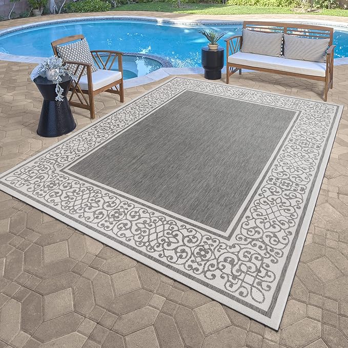 Gertmenian Indoor/Outdoor Flatweave Area Rug - 8x10 Large, Stain & UV Resistant, Ideal For Deck, Patio, Poolside, Mudroom - Abstract Border, Dark Grey White, 22947