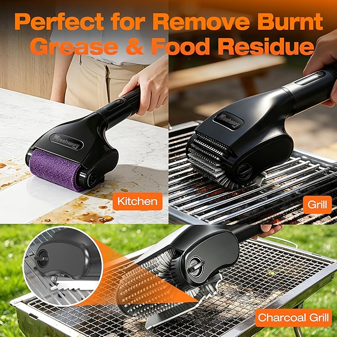 Electric Grill Brush - 4000mAh Cordless BBQ Grill Cleaner 2 Speed - 800RPM Bristle Free BBQ Grill Cleaner Tool Rechargeable with Scraper/LED Light/LED Display for Outdoor/Camping (Black)