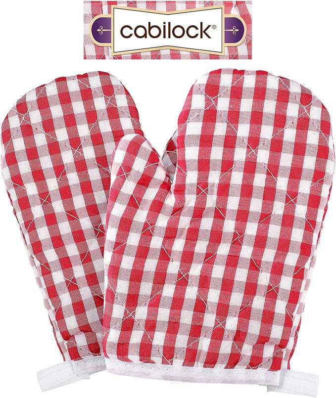 Cabilock 2pcs Kids Oven Mitts Oven Gloves Kitchen Red Checkered Mitts Microwave Gloves for Children Baking Cooking Fireplace Grill BBQ
