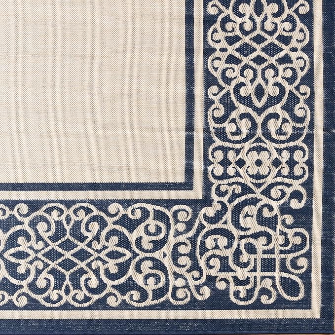 Gertmenian Indoor/Outdoor Flatweave Area Rug - 6x9 Medium, Stain & UV Resistant, Ideal For Deck, Patio, Poolside, Mudroom - Abstract Border, Navy Blue Tan, 22961