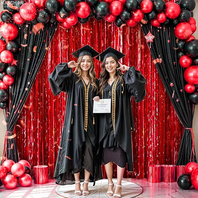 KatchOn, Large Red Streamers for Red Party Decoration - Pack of 2 | Graduation Fringe Backdrop for Nurse Graduation Decorations 2026 | Foil Fringe for Carnival, Casino Theme Party Decorations