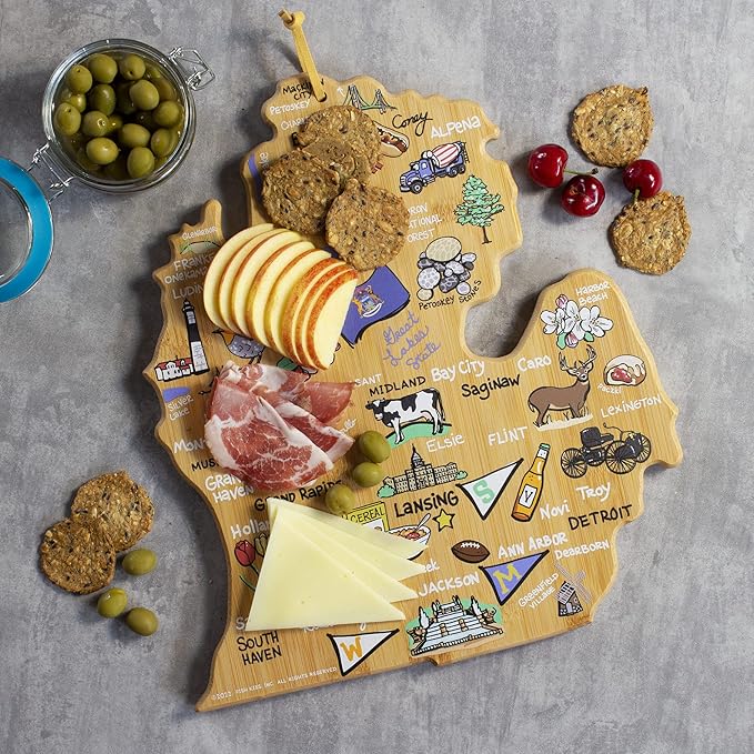 Totally Bamboo Michigan State Shaped Cutting Board and Charcuterie Serving Platter with Artwork by Fish Kiss, Includes Hang Tie for Wall Display