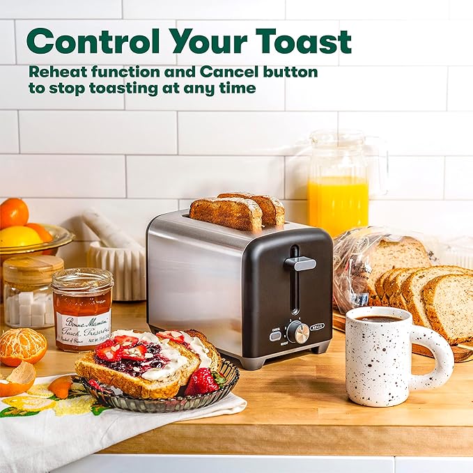 bella 2 Slice Toaster, Quick & Even Results Every Time, Wide Slots Fit Any Size Bread Like Bagels or Texas Toast, Drop-Down Crumb Tray for Easy Clean Up, Stainless Steel and Black