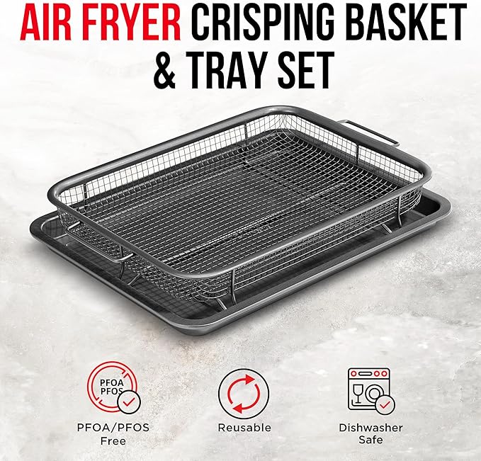 Bakken Swiss Air Fryer Tray – 2-in-1 Nonstick Crisper Basket with Elevated Mesh for Oven Use – Dishwasher Safe, Ceramic Coating, PTFE/PFOA/PFOS-Free, Extra-Large 9.5" x 13", Gray