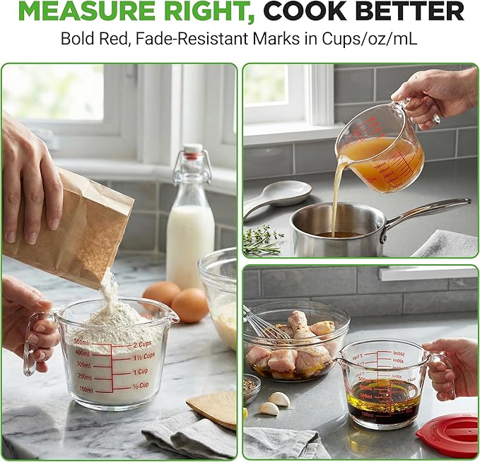 NutriChef 2 Cups Glass Measuring Cup with Lid (19 oz) - Heat-Resistant Borosilicate Liquid Measure Cup with Easy-Read Scale for Cooking, Baking and Food Storage, Dishwasher and Freezer Safe