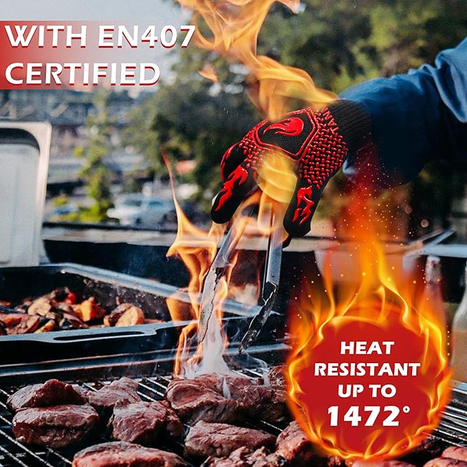 BBQ Grill Gloves, 1472°F Extreme Heat Resistant Grilling Gloves Non-Slip Oven Mitts Potholder, Perfect for Barbecue, Cooking, Baking, Fireplace, Smoker - 2 Pair (Red and Black)