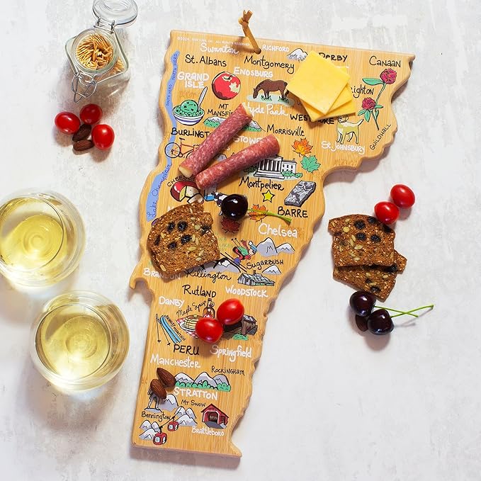Totally Bamboo Vermont State Shaped Cutting Board and Charcuterie Serving Platter with Artwork by Fish Kiss, Includes Hang Tie for Wall Display