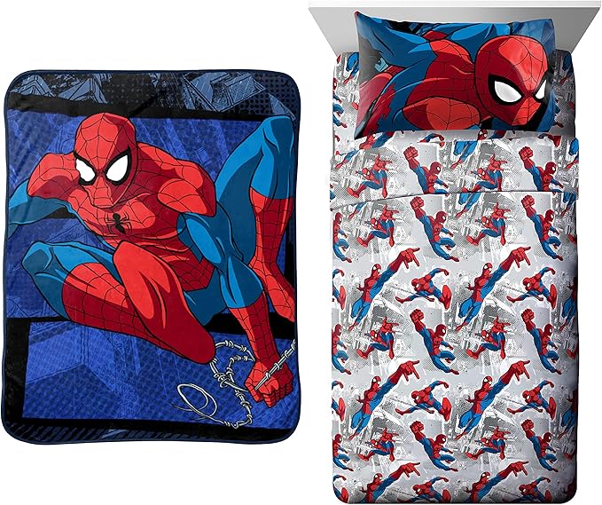 Jay Franco Marvel Spiderman Burst Throw 5-Piece Bundle-Includes Throw, Sheet Set