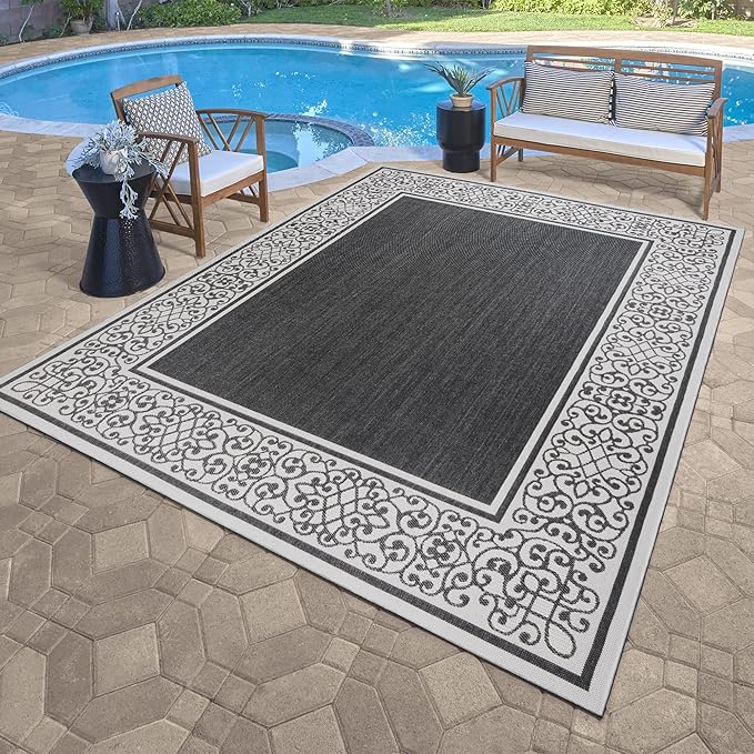 Gertmenian Indoor/Outdoor Flatweave Area Rug - 5x7 Standard, Stain & UV Resistant, Ideal For Deck, Patio, Poolside, Mudroom - Abstract Border, Dark Grey White, 22946