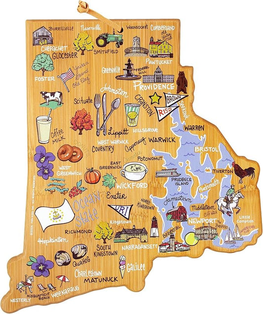 Totally Bamboo Rhode Island State Shaped Cutting Board and Charcuterie Serving Platter with Artwork by Fish Kiss, Includes Hang Tie for Wall Display
