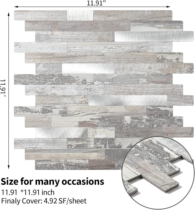 5 - Sheets Peel and Stick Wood Metal Tile Backsplash, Stick on Tiles for Backsplash Kitchen, Bathroom, Laundry Room, Camper, Fireplace (12'' X 12'', in Light Rustic)