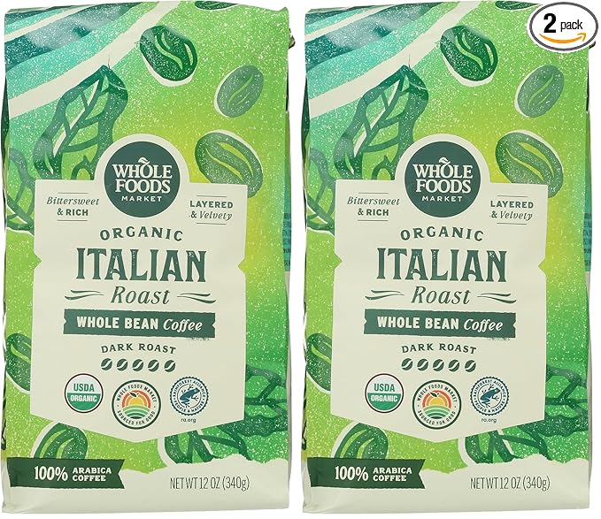 WHOLE FOODS MARKET Organic Whole Bean Italian Roast Coffee, 12 OZ (Pack of 2)