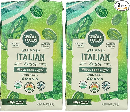 WHOLE FOODS MARKET Organic Whole Bean Italian Roast Coffee, 12 OZ (Pack of 2)
