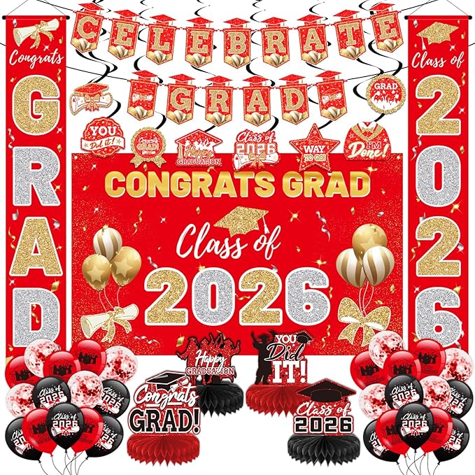 Red 2026 Graduation Party Decor Kit-Includes Backdrop, Banner, Balloons, Hanging Ornaments & Honeycomb Decorations for Class of 2026 -Full Set for High School and University Graduation Events