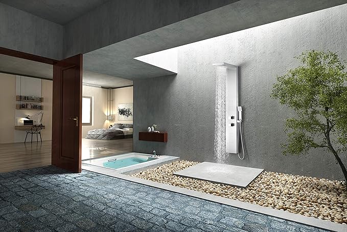 ANZZI Expanse Full Body Massage 2 Jetted Shower Panel System, Waterfall Shower Head Multi Function Shower Tower, Brushed Steel Shower Panels with Jet and Rainfall and Handheld, SP-AZ041