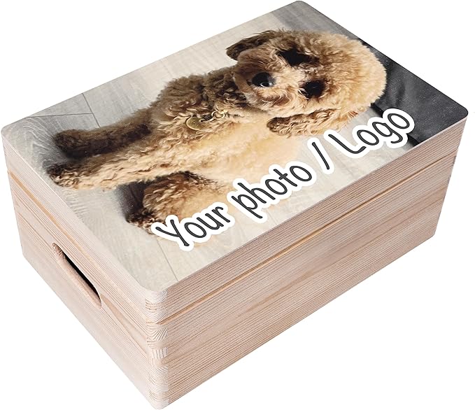 Creative Deco Personalized Wooden Storage Box Photo Box | 11.8x7.87x5.51in (+-0.5) | Hinged Lid, Handles & Engraving | Photo or Logo | Unpainted Gift Box | UNSANDED Keepsake Memory Souvenir Chest