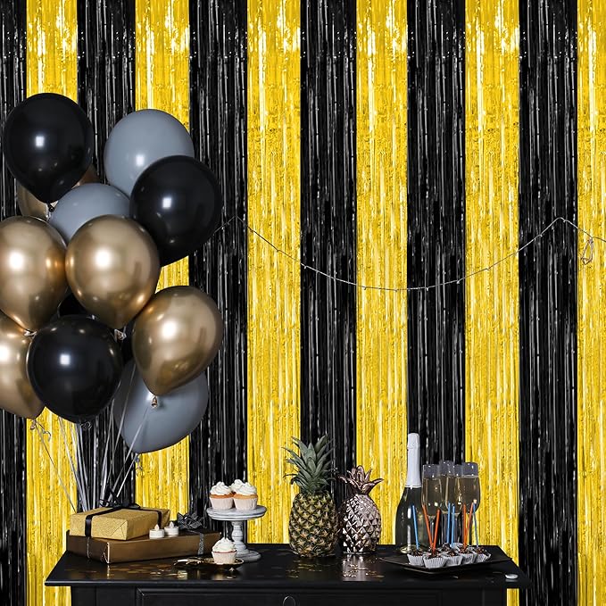 2 Pack Graduation Backdrop, 3.28 FT x 7.05 FT Black and Gold Foil Fringe Curtains, Metallic Foil Curtain Graduation Backdrop, Grad Party Supplies Black and Gold Party Decorations Class of 2026