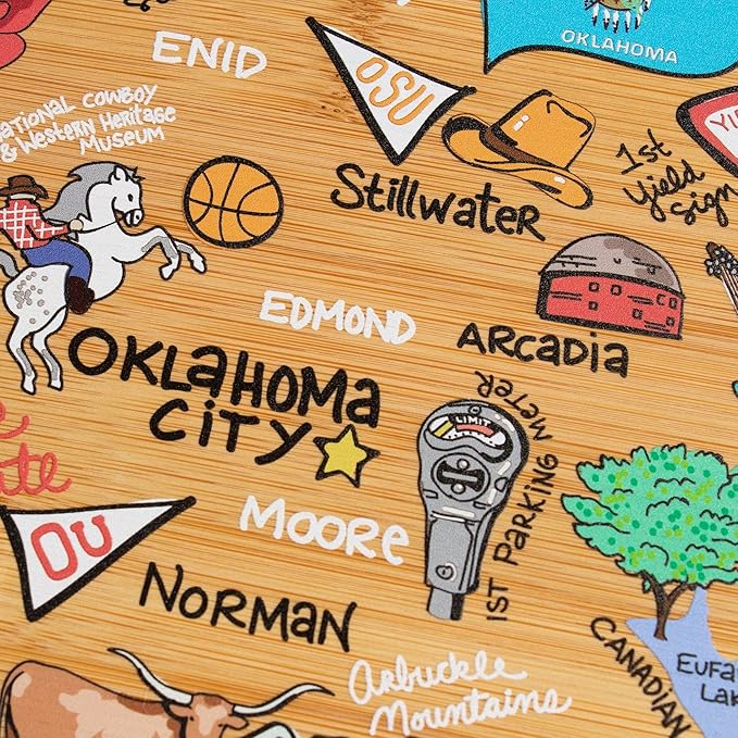 Totally Bamboo Oklahoma State Shaped Cutting Board and Charcuterie Serving Platter with Artwork by Fish Kiss, Includes Hang Tie for Wall Display