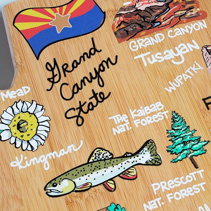 Totally Bamboo Arizona State Shaped Cutting Board and Charcuterie Serving Platter with Artwork by Fish Kiss, Includes Hang Tie for Wall Display