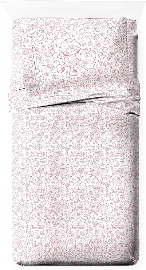 Jay Franco Kids Sheet Set with Fitted, Flat Sheets & Pillow Cover - Ultra-Soft Bedding with Pillowcase for Room Decor, Pink - Strawberry Shortcake, 3 Piece Twin