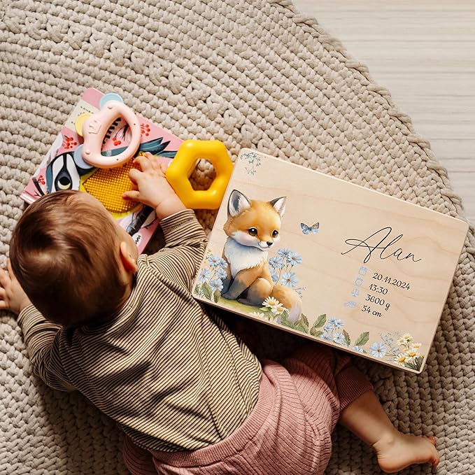 Creative Deco Personalized Wooden Baby Memory Box Storage Box - Wild Animals | 11.8x7.87x5.51in (+-0.5) | Hinged Lid Handle Engraving | Unpainted Gift Box ROUGH UNSANDED Keepsake Memory Souvenir Chest
