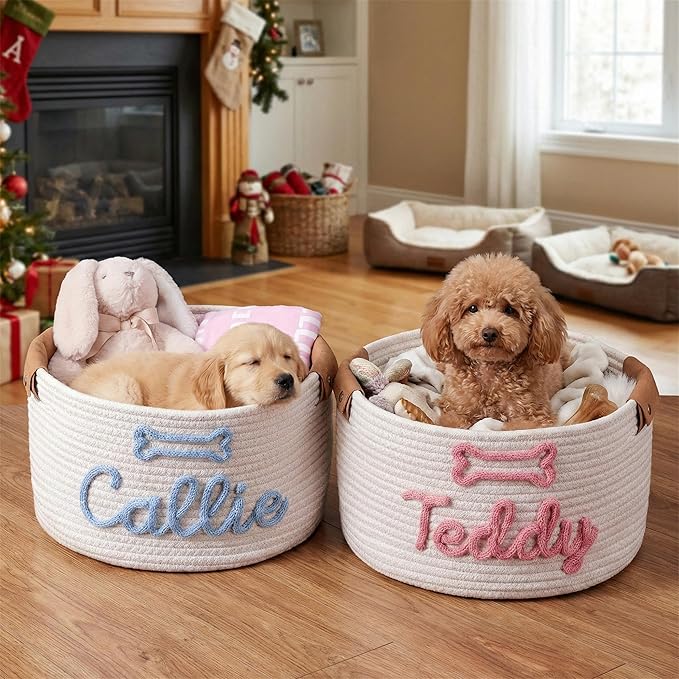 Custom Dog Toy Basket, Personalized Cotton Rope Basket With Pet Name, Puppy Toys Storage Gifts Pet Dog Decor Organizer (Dog Toy Basket)