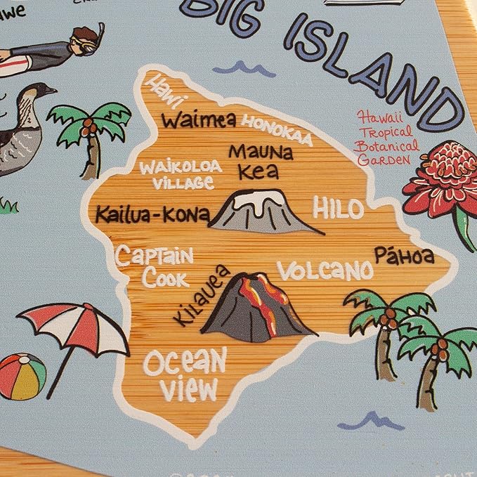 Totally Bamboo Hawaii State Shaped Cutting Board and Charcuterie Serving Platter with Artwork by Fish Kiss, Includes Hang Tie for Wall Display