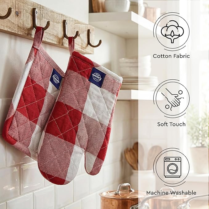 Encasa XO Heat Resistant 100% Cotton Oven Glove & Potholder Set with Loop, Kitchen Cooking Mittens, Microwave Safe Hot Pads (Buffalo Red Checks)
