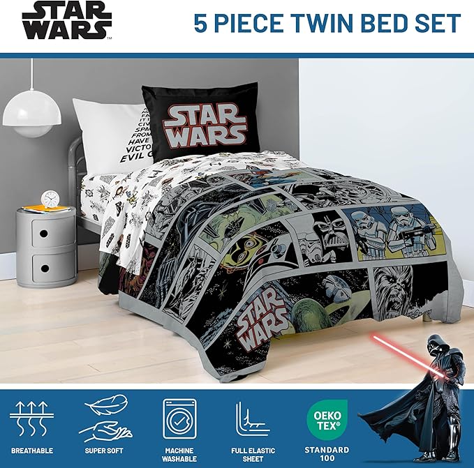 Jay Franco Star Wars Comic Book Twin Size Comforter Set - 5 Piece Bedding Includes Sheet Set & Pillow Covers - Super Soft Cozy Kids Bedding