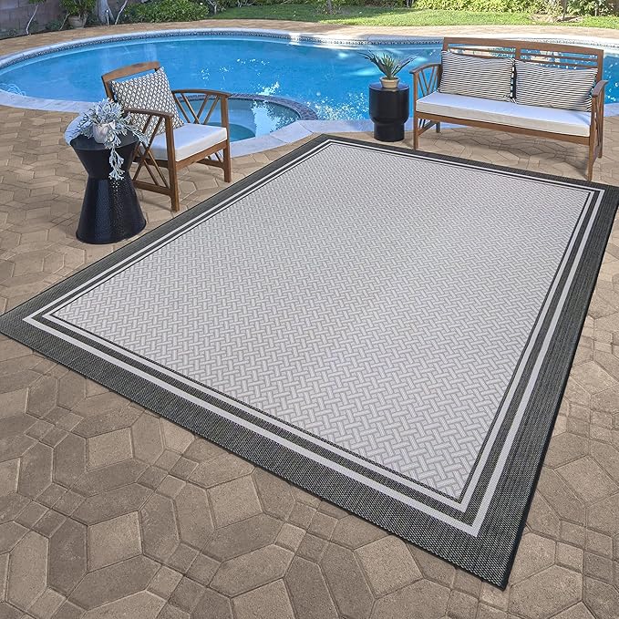 Gertmenian Indoor/Outdoor Flatweave Area Rug - 8x10 Large, Stain & UV Resistant, Ideal For Deck, Patio, Poolside, Mudroom - Border, White & Black, 23018