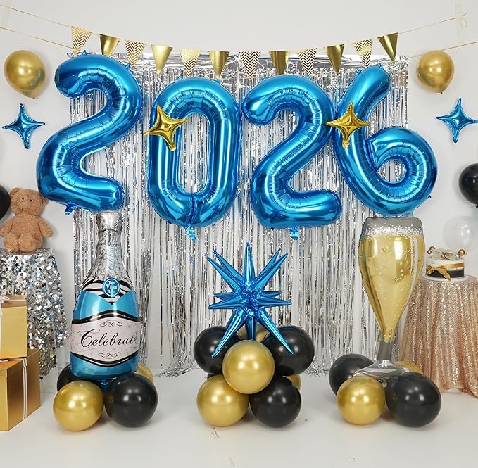 Blue 2026 Balloons, 40 Inch Number 2026 Blue Foil Balloons, Blue Gold Star Balloon, Champagne Bottle Glass Balloon for Happy New Years Eve Party Supplies 2026 Class of 2026 Graduation Decorations