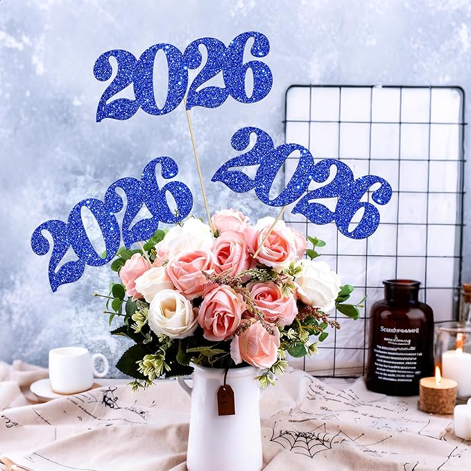 2026 Centerpiece Sticks 12pcs Blue Glitter Number 2026 Centerpieces for Table Graduation Decorations for Hello 2026 New Year Theme Party Supplies