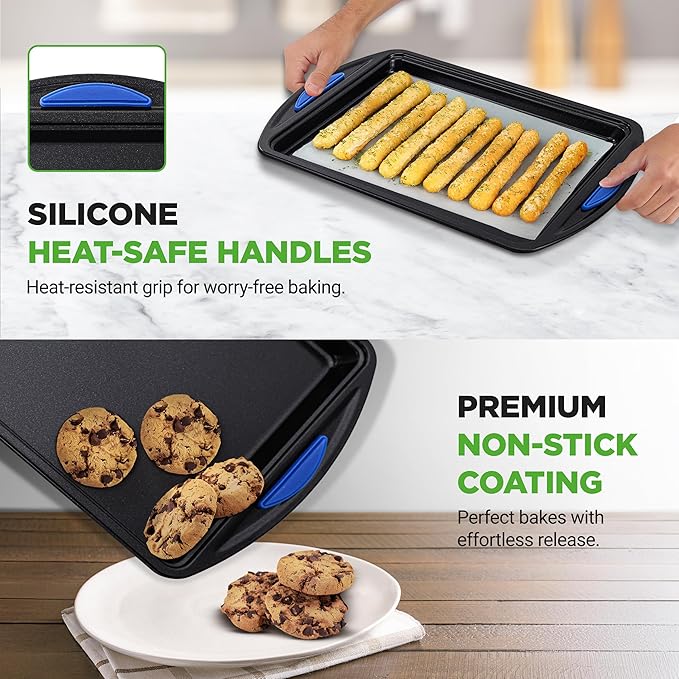 NutriChef 3-Piece Nonstick Cookie Sheets for Baking – Carbon Steel Stackable Bakeware Set w/ Silicone Handles - Non Toxic Baking Pan - Durable & Wrap Resistance, Oven Safe - Easy cleanup