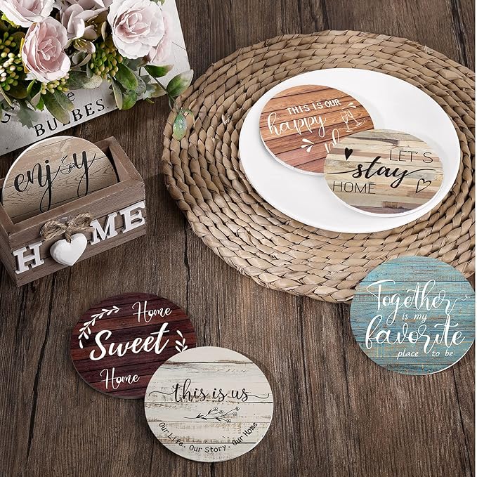 Queekay Coasters Set of 6 House Warming Gifts New Home Wooden Farmhouse Drink Coasters with Holder 4'' Funny Decoration for Kitchen Family Coffee Bar Tabletop Protection(Farmhouse Color)