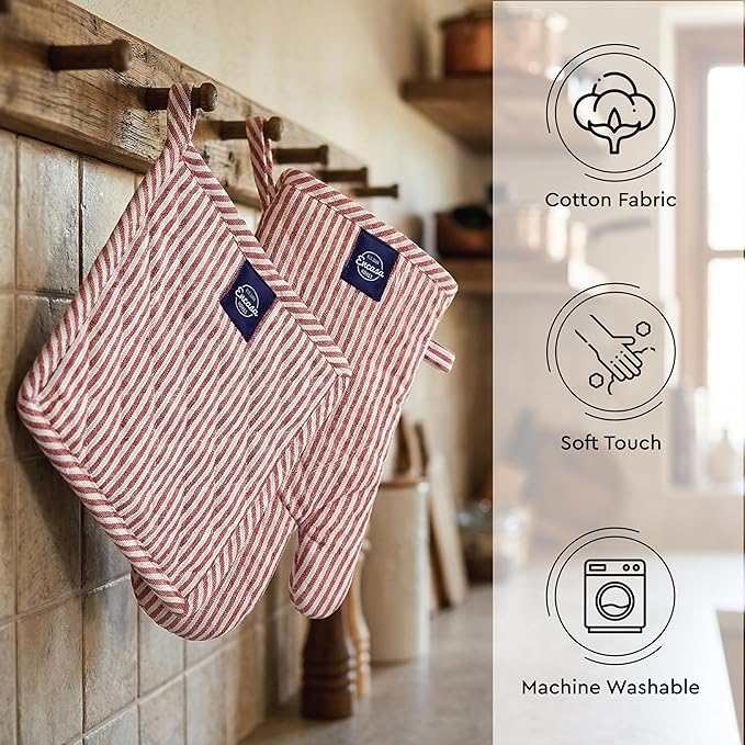 Encasa XO Heat Resistant 100% Cotton Oven Glove & Potholder Set with Loop, Kitchen Cooking Mittens, Microwave Safe Hot Pads (Ticking Red)