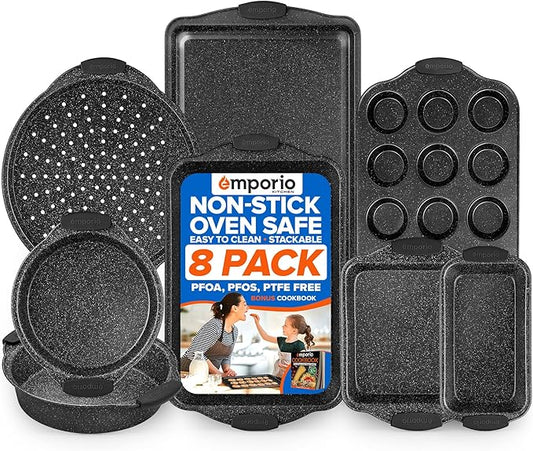 Emporio Kitchen Baking Pan Set - Nonstick Coating, Carbon Steel Bakeware Sets with Gray Silicone Handles, PFOA, PFOS, PTFE Free, Recipe Booklet Included, Oven Safe Tray (Up To 450° F), Set of 8 - Gray