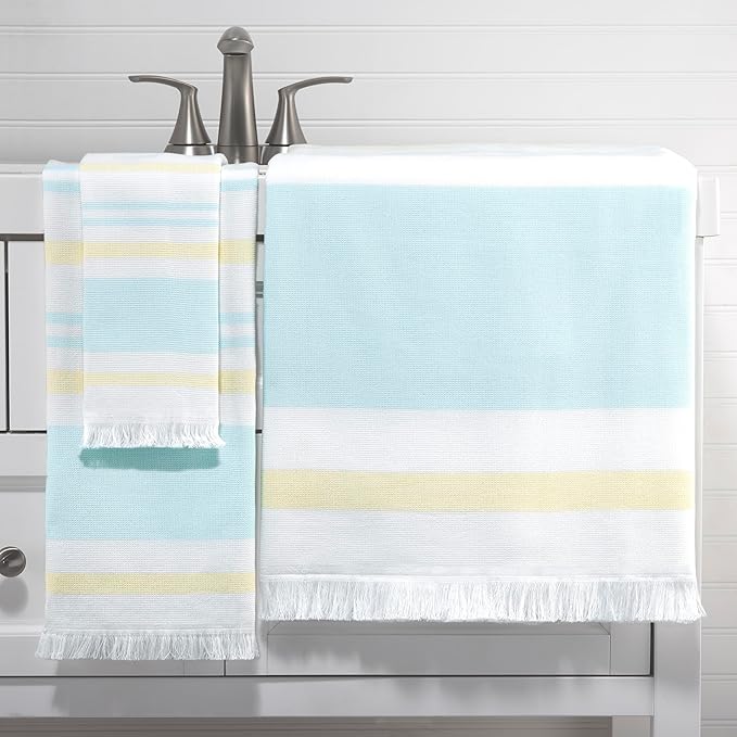 Izod - Hand Towels, Soft & Absorbent Cotton, Striped Bathroom Decor, Dorm Room Essentials, Set of 2 (Clubhouse Collection, Aqua)