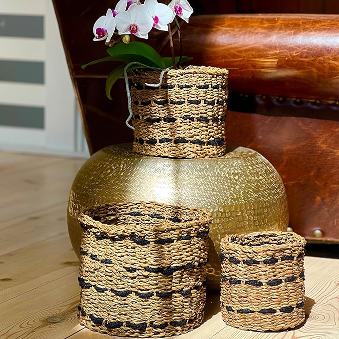 WHW Whole House Worlds Black Striped Seagrass and Jute Baskets, Round, Natural Chunky Sweater Weave, Set of 3, Made by Hand, from 9.75, 8.25, and 6.75 D Inches