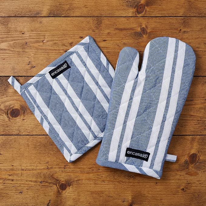 Encasa XO Heat Resistant 100% Cotton Oven Glove & Potholder Set with Loop, Kitchen Cooking Mittens, Microwave Safe Hot Pads (Franca Blue Stripes)