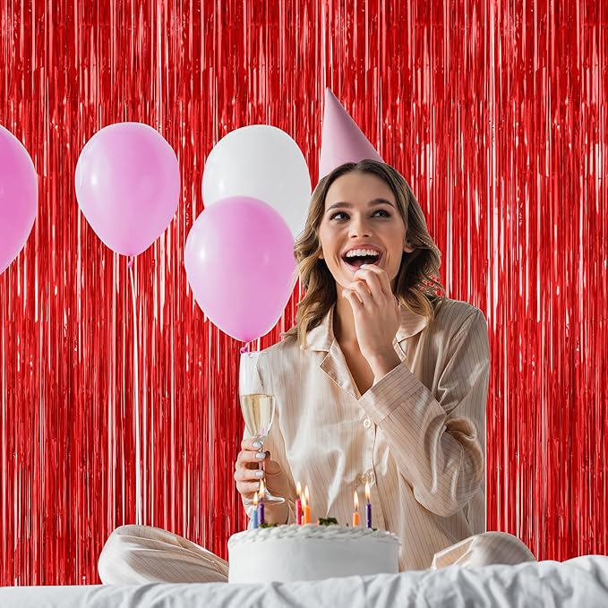8 Pack Red Backdrop, 3.28 FT x 7.05 FT Streamer Party Decorations, Metallic Foil Fringe Curtains Party Streamer Photo Booth Backdrop, Red Tinsel Valentines Day Party Decor for Engagement Birthday