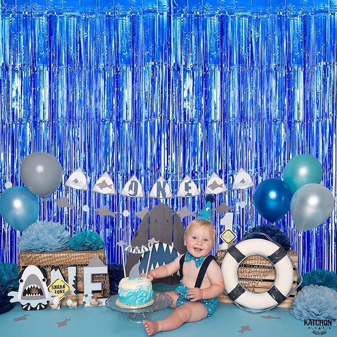 KatchOn, Metallic Blue Backdrop Curtain - Pack of 2 | Blue Streamers for Royal Blue Party Decorations | Foil Fringe Streamers for Under The Sea Party Decorations, Mermaid Bachelorette Decorations