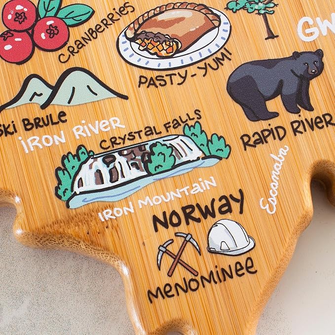 Totally Bamboo Michigan Upper Peninsula State Shaped Cutting Board and Charcuterie Serving Platter with Artwork by Fish Kiss, Includes Hang Tie for Wall Display