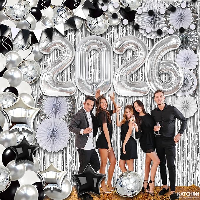 KatchOn, Huge New Years Eve Party Supplies 2026 - Huge Pack of 154 | Silver Fringe Backdrop | 2026 Balloons | Star Balloons For New Years Decorations 2026| NYE Decorations 2026 | New Year Party Decor