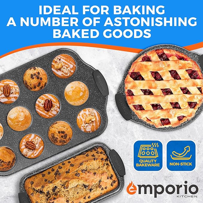 Emporio Kitchen Baking Pan Set - Nonstick Coating, Carbon Steel Bakeware Sets with Gray Silicone Handles, PFOA, PFOS, PTFE Free, Recipe Booklet Included, Oven Safe Tray (Up To 450° F), Set of 8 - Gray