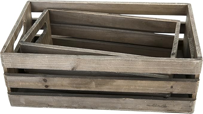 MyGift Rustic Brown Wood Decorative Storage Boxes with Cutout Handles - Country Style Nesting Crates, Open Top Pallet Design Bins, Set of 2