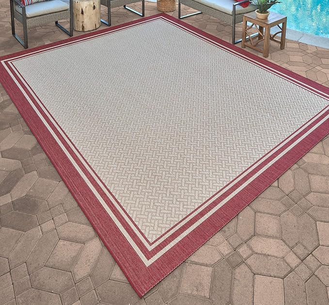 Gertmenian Indoor Outdoor Classic Flatweave Area Rug, Stain & UV Resistant Carpet, Deck, Patio, Poolside & Mudroom, 6x9 Ft Medium, Simple Border, Red Tan, 22226