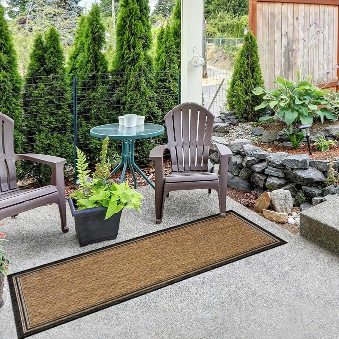 Gertmenian Indoor Outdoor Classic Flatweave Area Rug, Stain & UV Resistant Carpet, Deck, Patio, Poolside & Mudroom, 2x6 Ft Runner, Simple Border, Black Tan, 22013