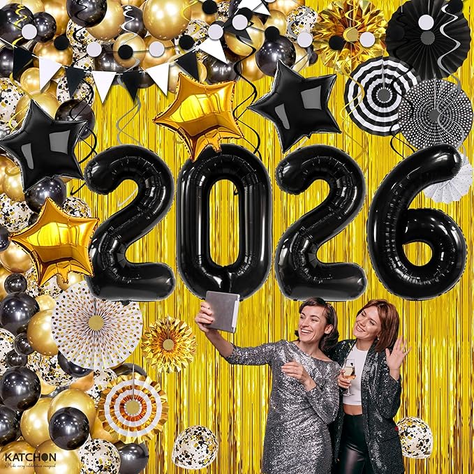 KatchOn, Happy New Years Decorations 2026 Black and Gold Set - Big Pack of 115 | Happy New Year Balloon Arch Kit | Black 2026 Balloons, Fringe Backdrop | New Years Eve Party Supplies 2026